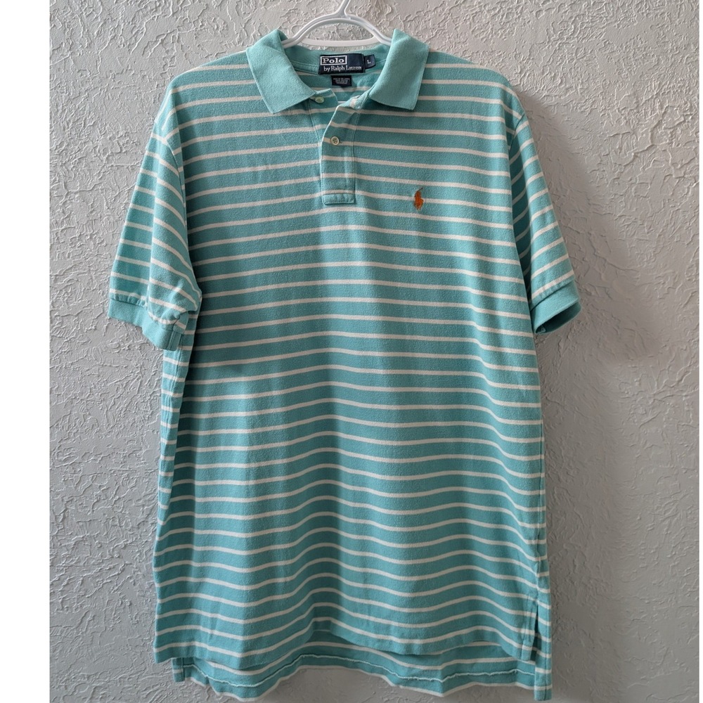 VTG Polo Ralph Lauren Polo Shirt Mens L Cotton Turquoise White Striped Pony Logo